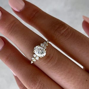 2 CT Oval Moissanite Cluster Ring: 14K Gold Art Deco Wedding Ring