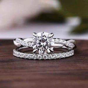 Moissanite Engagement Ring Set: 1.5 CT Round Cut, Twisted 14K White Gold Band