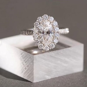 3 CT Oval Moissanite Halo Engagement Ring: 14K Gold Vintage Wedding Ring