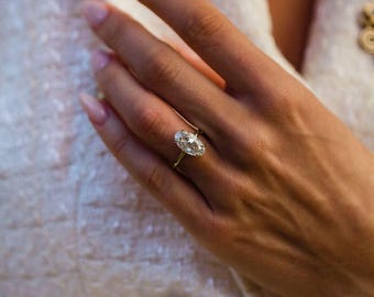 3 CT Oval Moissanite Engagement Ring: 14K Gold Hidden Halo