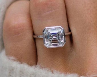 Asscher Cut 3 CT Moissanite Ring: 14K White Gold Bezel Set Solitaire