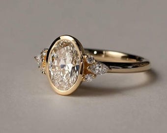 3 CT Oval Moissanite Bezel Set Engagement Ring | 14K Gold Cluster Ring | Oval Diamond Wedding Ring With Marquise And Round Cluster Ring
