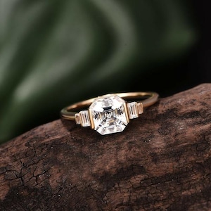 Asscher Bezel Set Engagement Ring 1 CT Asscher Cut Moissanite Ring 14K Gold Wedding Ring Asscher & Baguette Diamond Ring Anniversary Ring