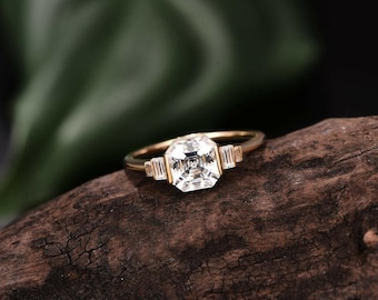 Asscher Cut Moissanite Engagement Ring: 14K Gold Bezel Set, Baguette Accents