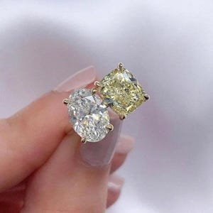 3.5 CT Two Stone Engagement Ring,Oval And Cushion Cut Toi Et Moi Ring,Classic White & Yellow Diamond Promise Ring,Gift For Her,14K Gold Ring