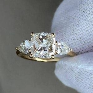 Cushion Cut Moissanite Engagement Ring: Three Stone 14K Gold Wedding Ring