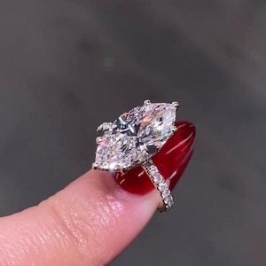 Handmade 3.5 CT Marquise Moissanite Engagement Ring: 14K Gold Hidden Halo