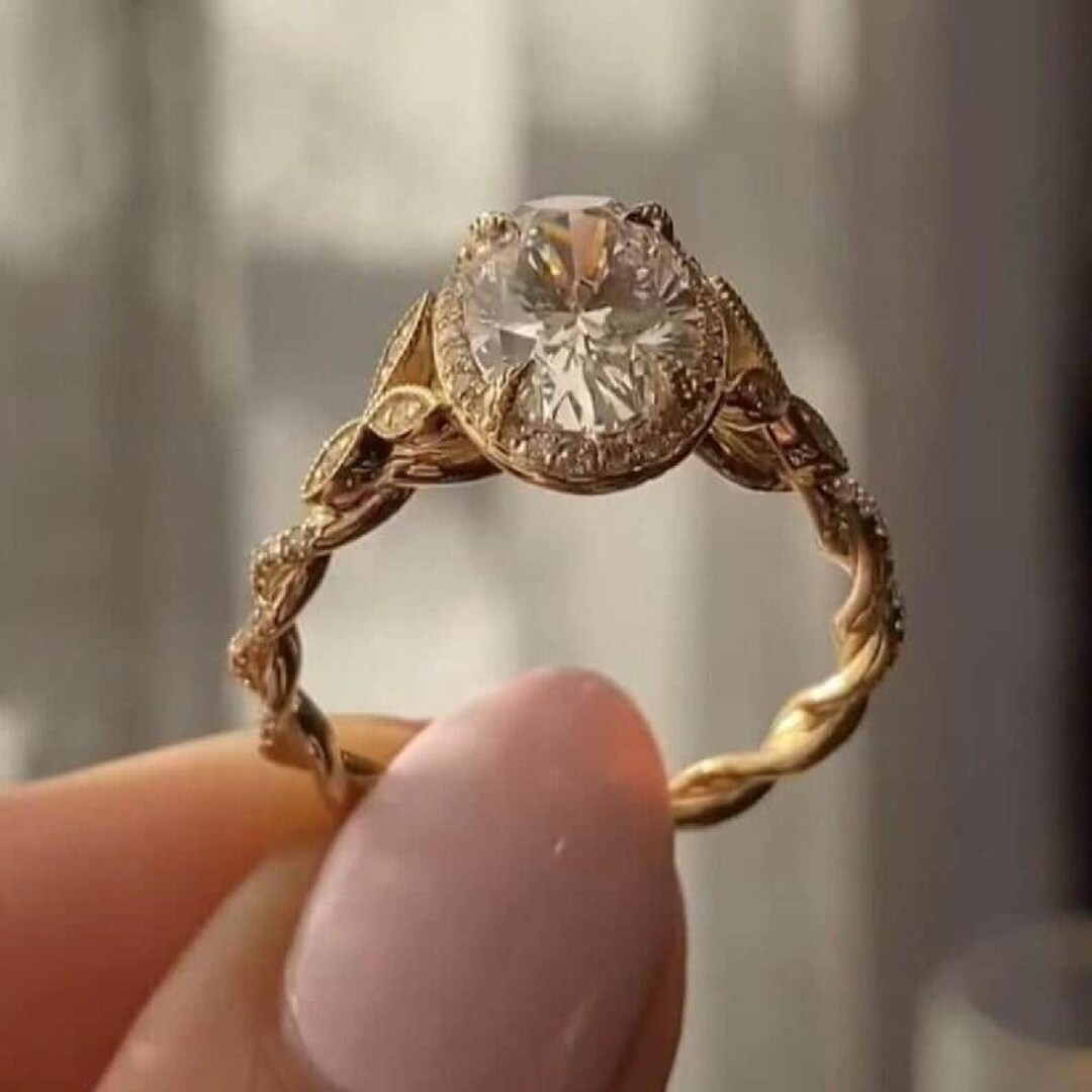 Oval Moissanite Engagement Ring, 14K Yellow Gold Art Deco Twisted Band ...