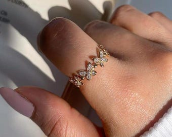 Round Cut Butterfly Moissanite Engagement Ring 14K Gold Dainty Wedding Ring Round Cut Wedding Band Unique Eternity Band Anniversary Rings