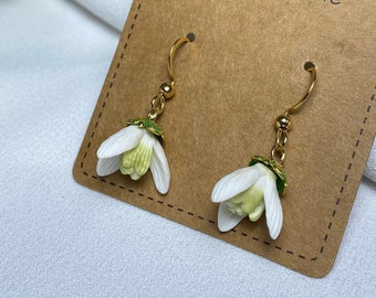 Snowdrop Small Earrings White Flower Drop Earrings Snowdrop Dangle Earrings White Spring Earrings Flower Handmade Polymer Clay Jewelry