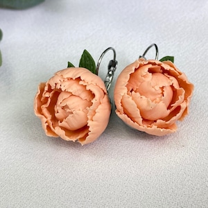 Powder Peony Earrings, Handmade Polymer Clay Clip-On Flower Earrings, Cute Peonies Jewelry Gift For Her