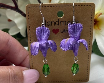 Iris Earrings Flower Earrings Irises Polymer Clay Handmade Purple Earrings Irises Dangle Drop Flower Earrings Jewelry Gift Idea For Her