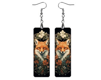 Fox Dangle Earrings Fox Art Nouveau Vintage Style Earrings Handmade Flower And Fox Clip-on Earrings Fox Jewelry Gift Idea For Her