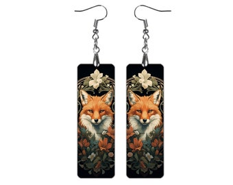 Fox Dangle Earrings Fox Art Nouveau Vintage Style Earrings Handmade Flower And Fox Earrings Fox Jewelry Gift Idea For Her