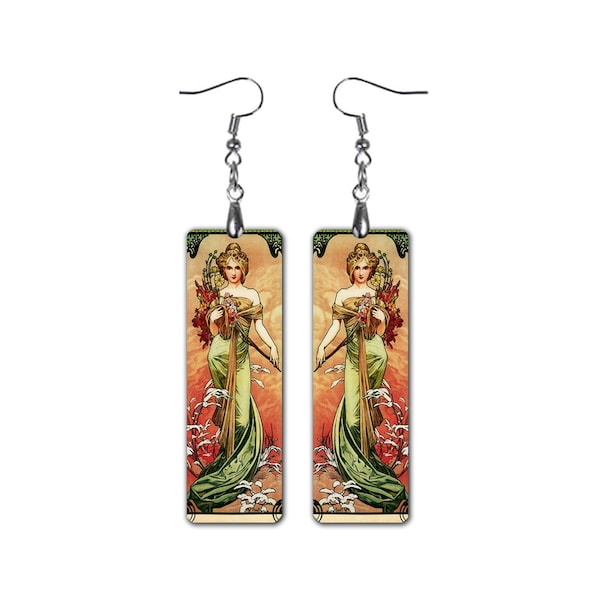 Boucles d'oreilles Alphonse Mucha saisons boucles d'oreilles pendantes boucles d'oreilles printemps faites main vintage Alphonse Mucha Art nouveau femme boucles d'oreilles idée cadeau pour elle