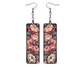 Peony Earrings Vintage Art Nouveau Pink Flowers Dangle Earrings Handmade Peonies Jewelry Gift Idea For Her