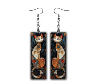 Art nouveau witte kat hangoorbellen, Gustav Klimt-stijl, handgemaakte clipoorbellen, vintage kattensieraden, uniek cadeau voor haar