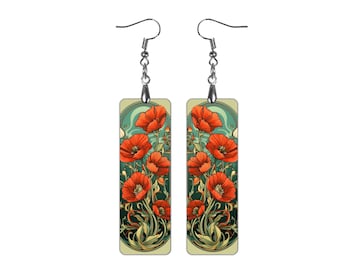 Poppies Earrings Vintage Art Nouveau Flowers Dangle Earrings Handmade Red Poppies Jewelry Gift Idea For Her