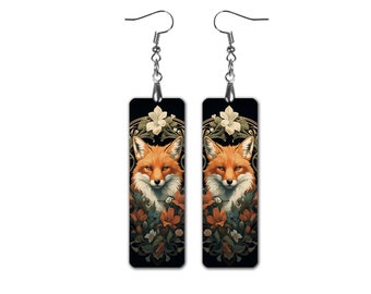 Fox Earrings Vintage Fox Art Nouveau Dangle Earrings Handmade Flower Earrings Vintage Style Jewelry Gift Idea For Her