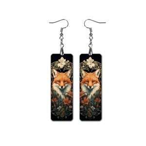 Cute Fox Earrings, Woodland Animal Dangle Earrings, Art Nouveau Vintage Jewelry, Handmade Floral Clip-On Earrings, Unique Gift Idea for Her