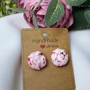 Realistic Peony Stud Earrings, White Red Flower Studs, Handmade Polymer Clay Jewelry, Clip-on Earrings Option, Elegant Gift for Her