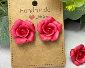 Rose Stud Earrings Red Realistic Roses Earrings Small Roses Clip-on Earrings Red Flower Studs Handmade Polymer Clay Jewelry For Her