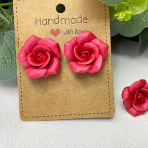 Rose Stud Earrings Red Realistic Roses Earrings Small Roses Clip-on Earrings Red Flower Studs Handmade Polymer Clay Jewelry For Her