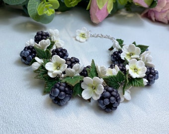 Berry Bracelet Blooming Blackberry Bracelet Handmade Polymer Clay Berries White Flowers Bracelet Realistic Berries Jewelry Gift Idea For Her