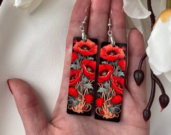 Poppy Flower Earrings Vintage Art Nouveau Red Floral Handmade Dangle Earrings Poppy Jewelry For Her