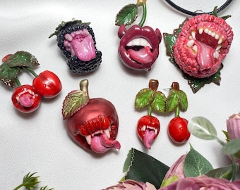 Handmade Spooky Fruit Fang Jewelry – Toothy Berry And Fruit Earrings, Brooches And Pendants, Unique Gothic Accessories, Gift Idea for Her