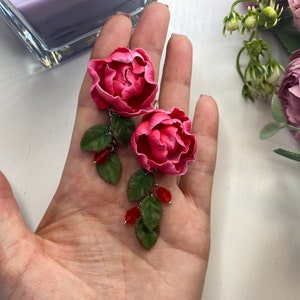 Pink Peony Dangle Earrings, Handmade Floral Art Deco Clip-On Earrings, Peony Flower Jewelry, Unique Romantic Peonies Jewelry Gift for Her