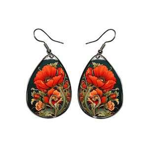 Pendientes colgantes de amapolas rojas, joyería floral Art Nouveau vintage, pendientes de clip con flores rojas hechos a mano, regalo único de primavera y verano para ella.