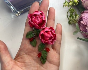 Rosa Pfingstrose Ohrringe, Handgemachte Art Deco Ohrclips, Pfingstrose Schmuck, Einzigartiges Romantisches Geschenk für Sie