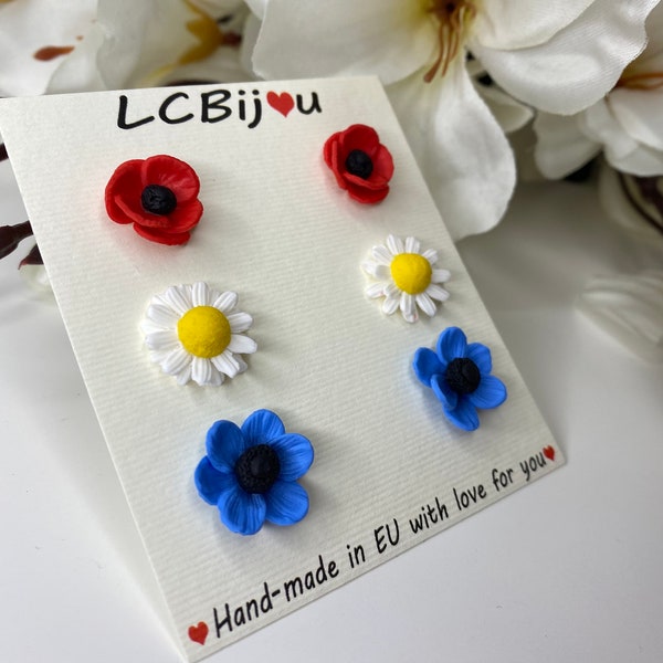 Stud Earrings Set Handmade Flower Stud Earrings Blue Anemones Red Poppies White Daisies Stud Earrings Polymer Clay Small Cute Flower Jewelry