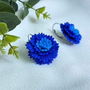 Handmade Blue Cornflower Earrings, Polymer Clay Clip-On Flower Jewelry, Unique Floral Earrings for Her, Botanical Jewelry Gift