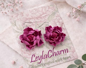 Magenta Peony Earrings, Handmade Floral Jewelry, Pink Flower Statement Gift for Her
