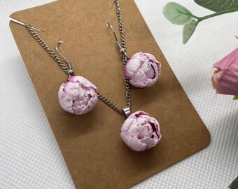 Peony Jewelry Set, Realistic White and Pink Flowers, Handmade Floral Necklace and Clip-on Earrings, Romantic Spring Summer Gift for Her