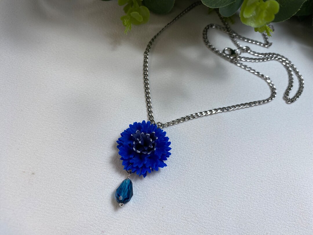 Cornflower Pendant Necklace Blue Flower Handmade Necklace Blue