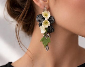 Blackberry Floral Dangle Earrings Botanical Polymer Clay Handmade Realistic Berry Jewelry Gift for Her