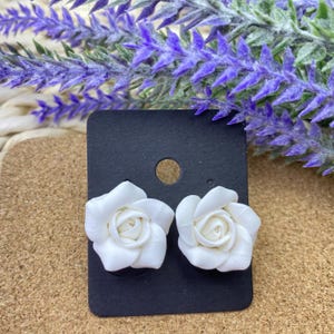 White Rose Stud Earrings, Handmade Polymer Clay Jewelry, Cute Floral Clip-On Earrings, Small Wedding Flower Earrings, Elegant Gift for Her