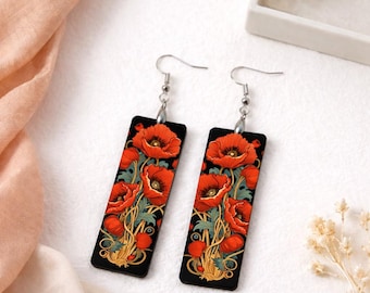 Red Poppy Dangle Earrings, Art Nouveau Botanical Jewelry