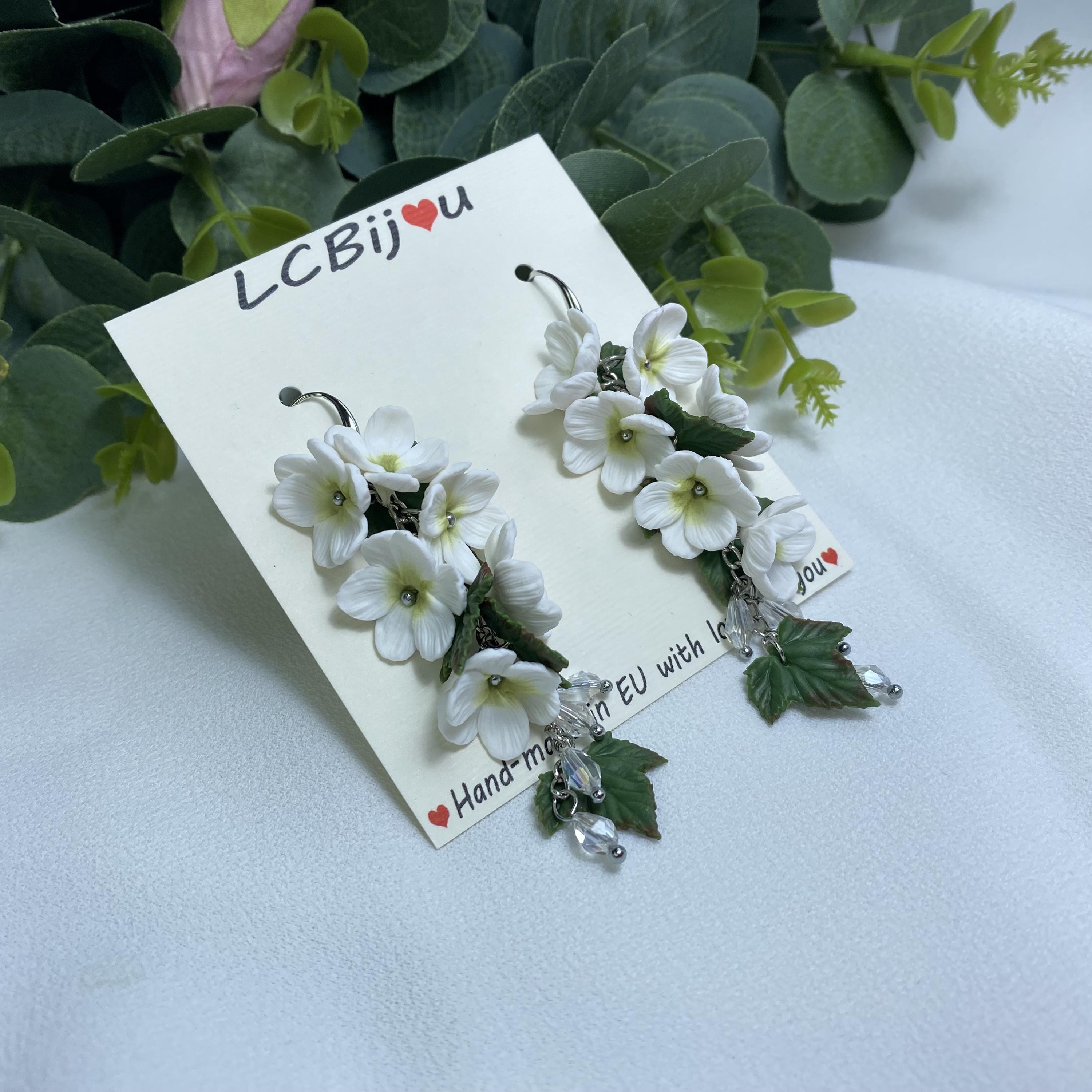 White Floral Dangle Earrings, Handmade Polymer Clay Jewelry, with Sterling Silver Hooks or Clip-Ons, Wedding Flower Earrings, Gift for Her