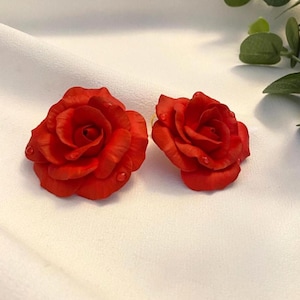 Handmade Red Rose Earrings, Polymer Clay Floral Jewelry, Romantic Red Flower Clip-on Earrings, Cute Lightweight Jewelry, Gift Idea for Her