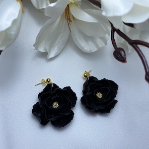 Black Flower Earrings, Elegant Polymer Clay Floral Clip on Earrings, Handmade Statement Black Bloom Jewelry, Unique Gift for Her