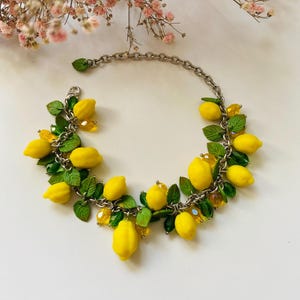 Lemon Charm Bracelet Polymer Clay Jewelry Summer Citrus Gift Yellow Fruit Statement Jewelry Handmade Floral Bracelet for Her