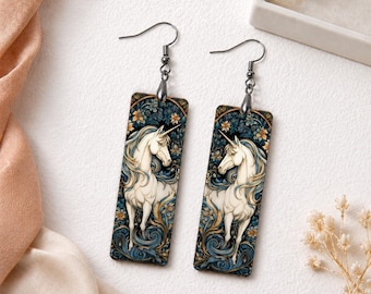 Einhorn Ohrringe, Jugendstil Fantasy Schmuck, Fabeltier Ohrclips, handgemachtes magisches Geschenk