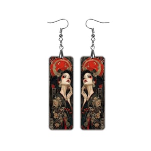 Geisha dangle earrings featuring red and black Japanese Art Deco design with a gothic twist, handmade and lightweight with clip-on option