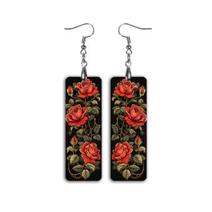 Red Rose Art Deco Earrings, Handmade Floral Dangle Jewelry, Romantic Spring Summer Vintage Style Clip-on Earrings, Elegant Gift for Her