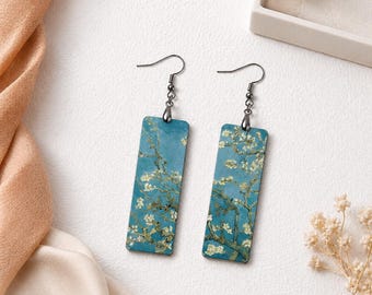 Van Gogh Almond Blossom Earrings, Botanical Art Dangle Clip-On Earrings, Blue Lightweight Handmade Floral Jewelry