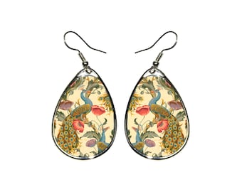 Hangoorbellen pauw en klaproos Art Nouveau-sieraden Lichtgewicht bloemenoorbellen Cadeau voor vrouwen Vogels en bloemen Handgemaakte clipoorbellen